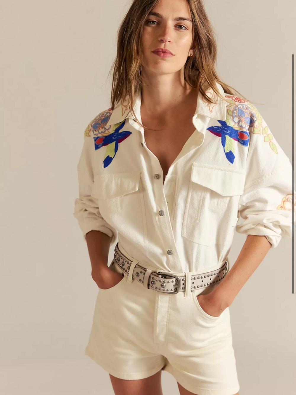 We The Free People Take Flight Embroidered Birds Buttondown Shirt Jacket XL